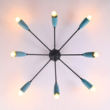 Top view of mid-century orbit 8-light brass flush mount chandelier with angled arms and cone shades by Brass Leaf Studio