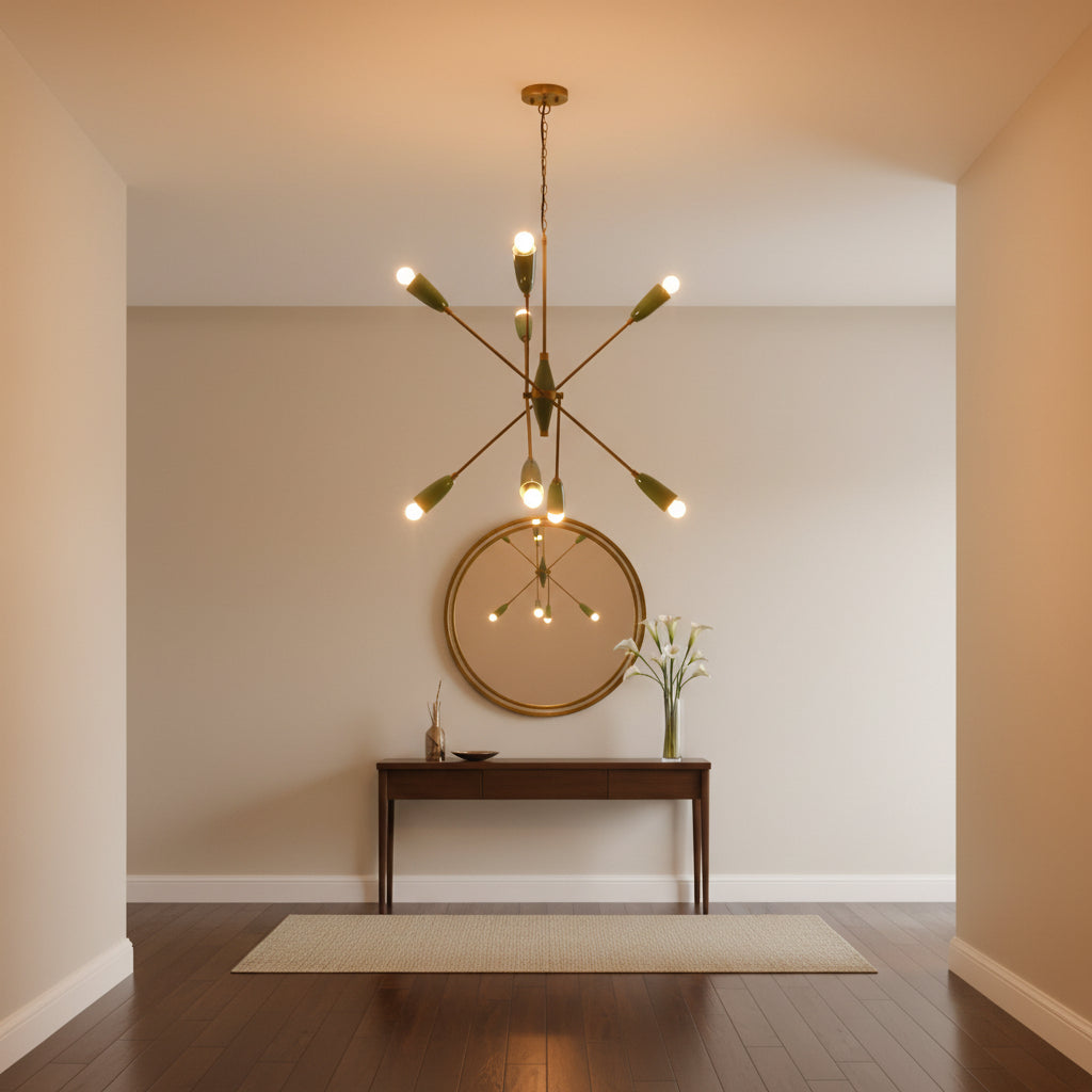Mid-century Sputnik ceiling light with angled arms and warm glow installed above a stylish bedroom setting