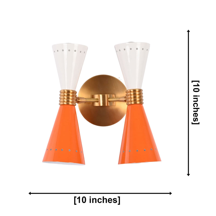 Solid brass diabolo wall sconce shown from side angle with round backplate and twin sculptural shades