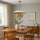 Mid-century modern brass ceiling light fixture with elegant white dome and three cone brass holders