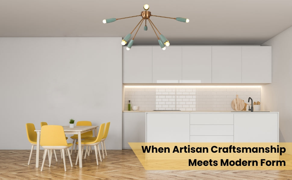 Flush mount sputnik chandelier glowing warmly with mint green cone shades and brass arms viewed from below, creating a celestial lighting effect
