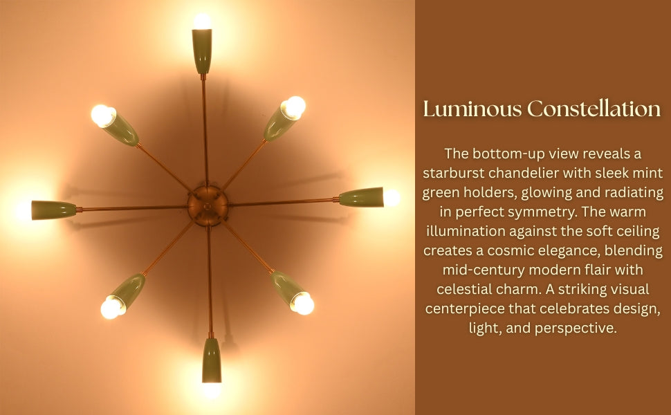 Modern flush mount chandelier with mint green cone shades lit warmly against a white ceiling, perfect for mid-century interiors