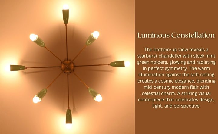 Modern flush mount chandelier with mint green cone shades lit warmly against a white ceiling, perfect for mid-century interiors