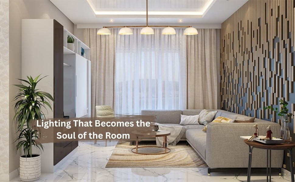 Mid-century modern living space with dome-style chandelier adding elegance and warmth, styled as a focal point