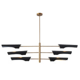 Mid-century modern linear chandelier with sleek black curved metal shades and brushed brass body.