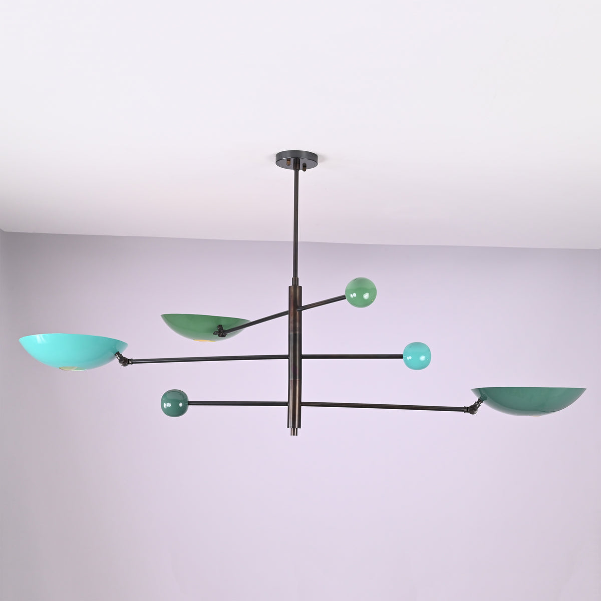 Side view of large Sputnik chandelier with multiple arms and disc shades, handmade modern ceiling light