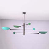 Side view of large Sputnik chandelier with multiple arms and disc shades, handmade modern ceiling light
