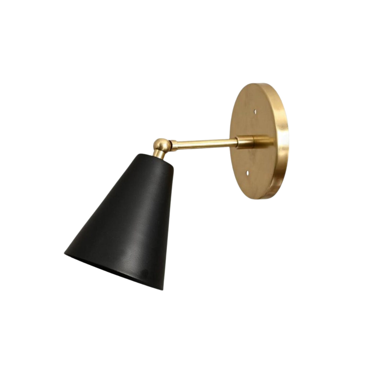 Milan adjustable cone wall sconce with black metal shade and brass arm, angled view – Model 32750