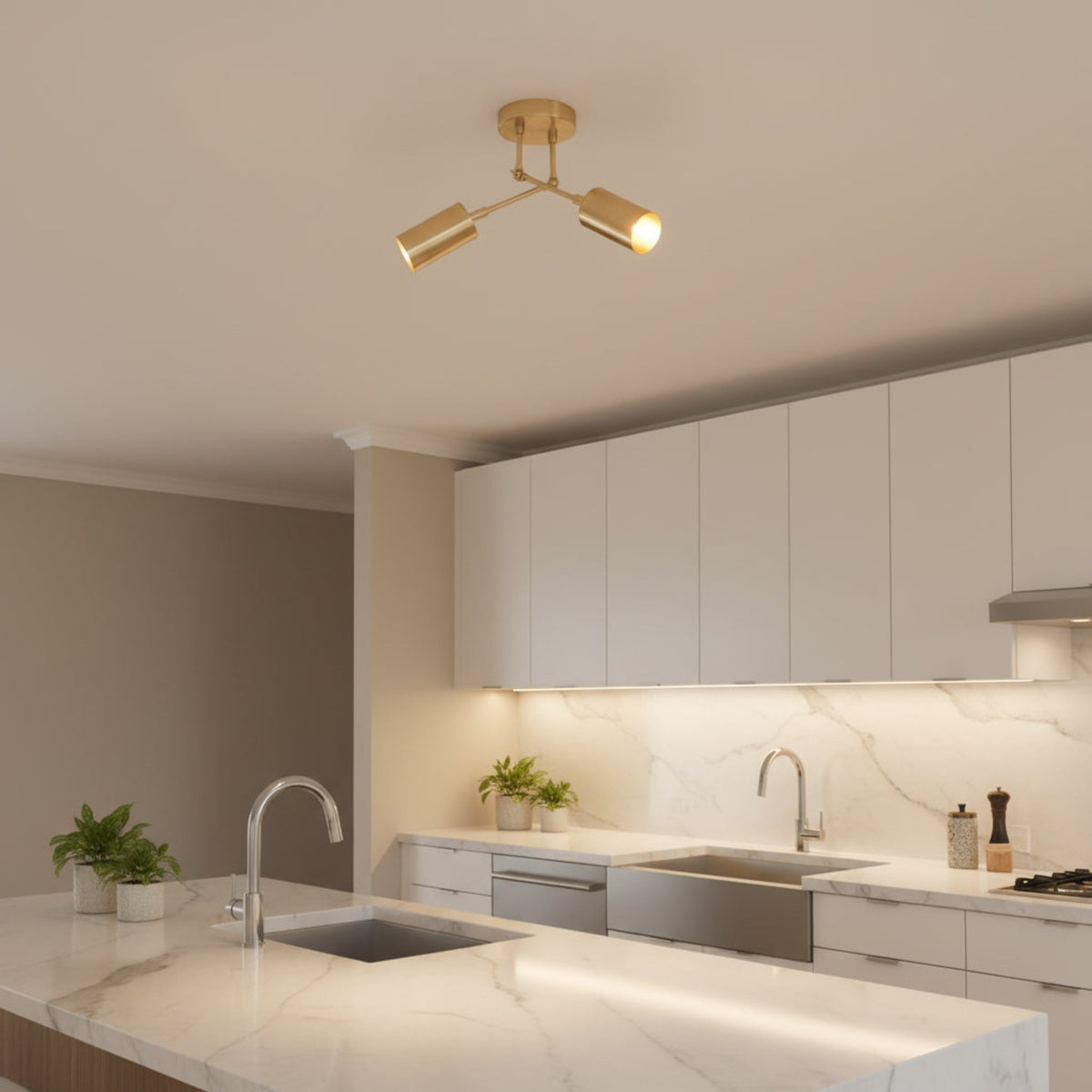 Milan 2 light ceiling fixture with adjustable arms and cylindrical metal shades, side view, Model 62008
