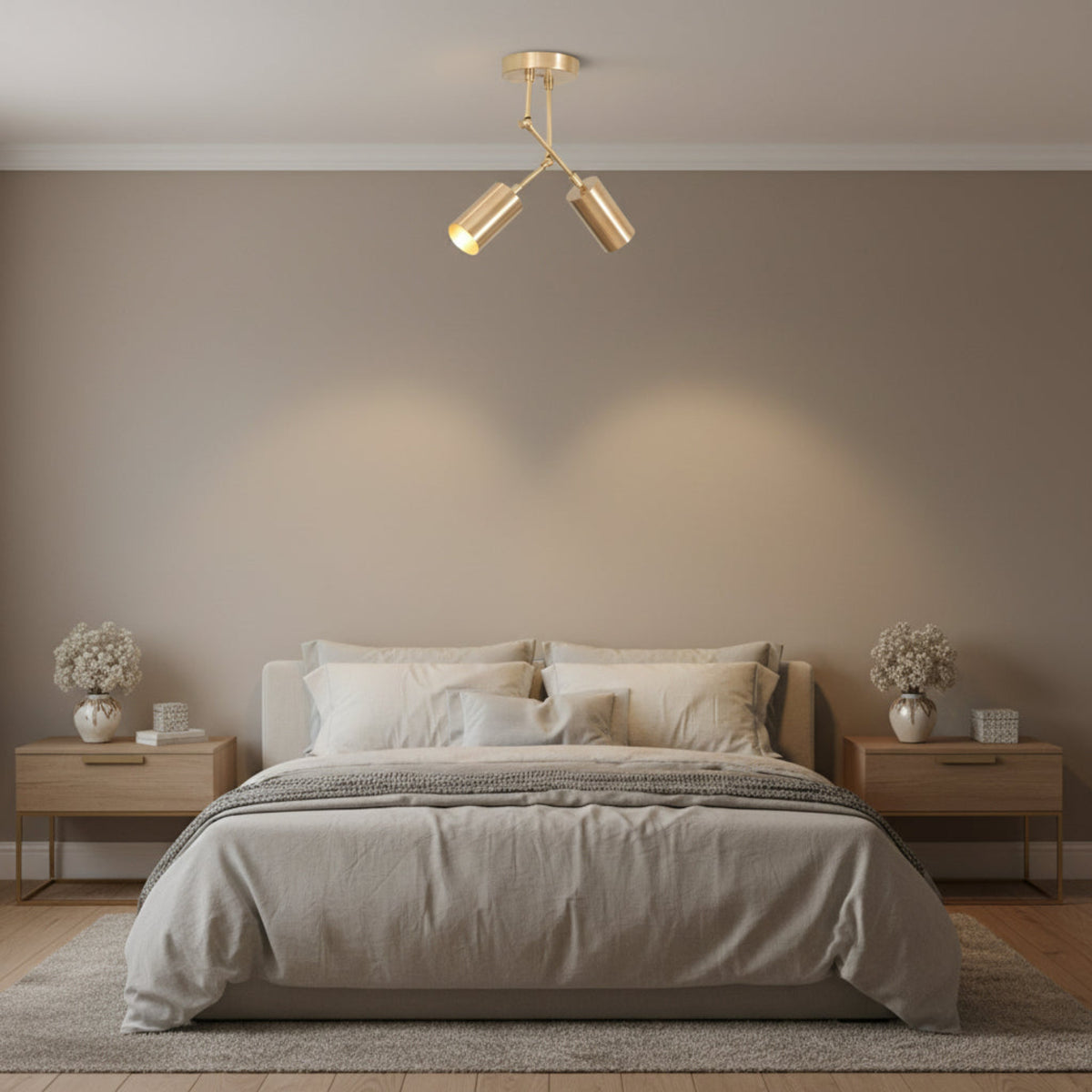 Milan 2 light adjustable cylinder ceiling light in brass tone, front angled view, Model 62008