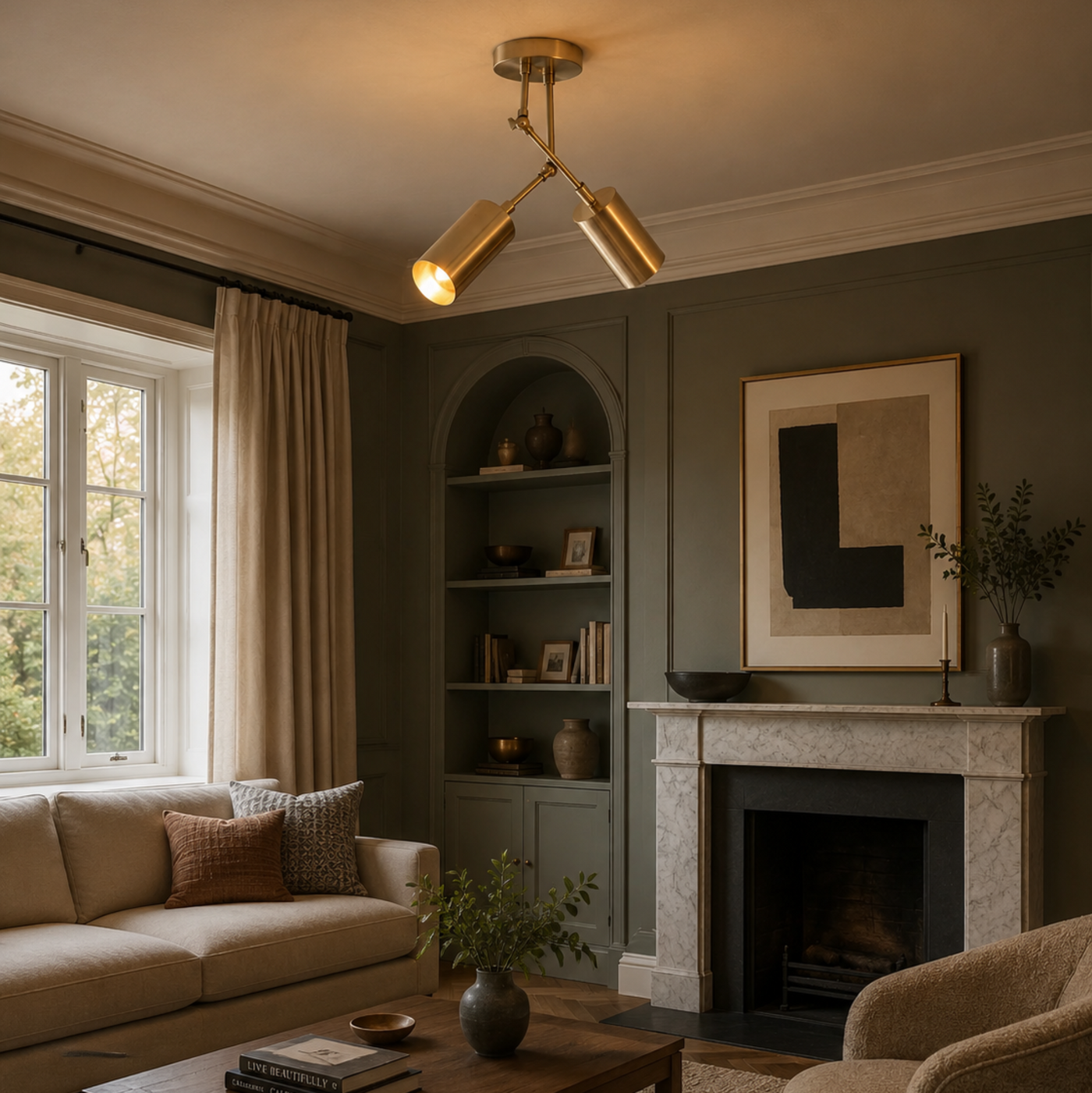 Milan adjustable 2 light cylinder ceiling fixture installed in a modern living room, Model 62008