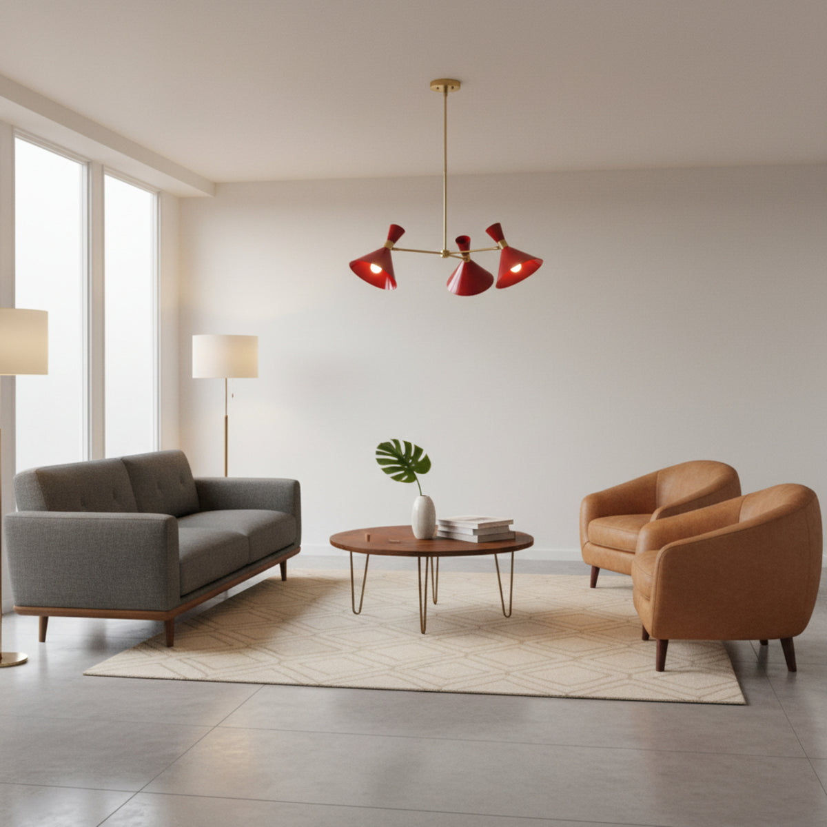 Milan Crimson Cone 3-light chandelier with brass arms and red flared shades – angled view