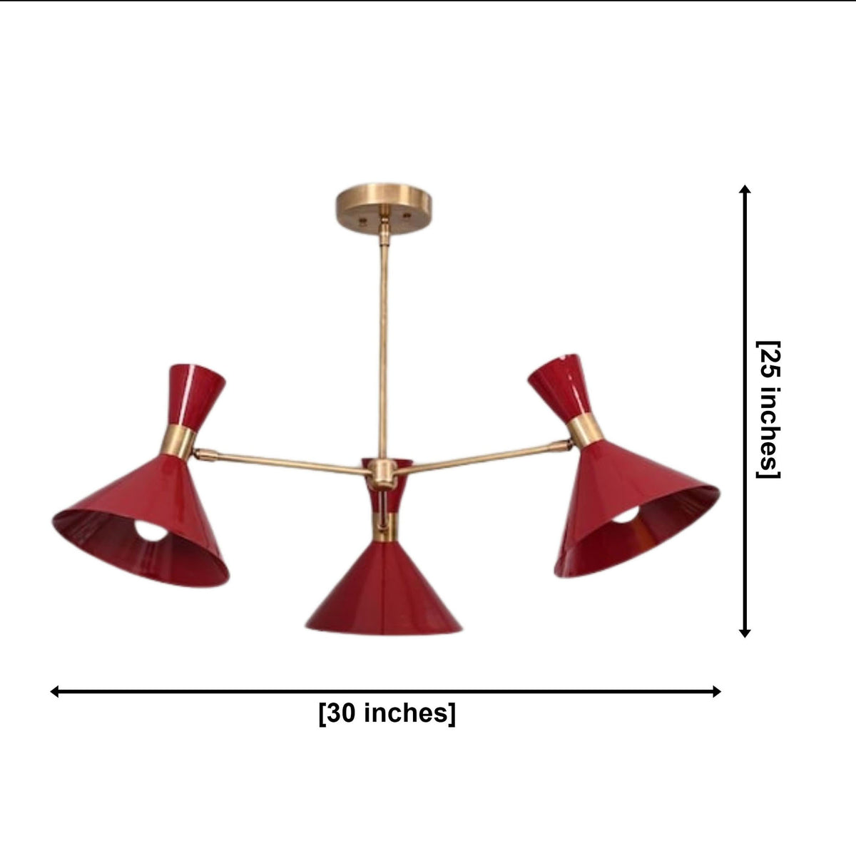 Milan Crimson Cone 3-light chandelier dimensions – 30 inch width and 25 inch height