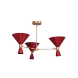 Milan Crimson Cone 3-light chandelier with red metal shades and brass frame – front view