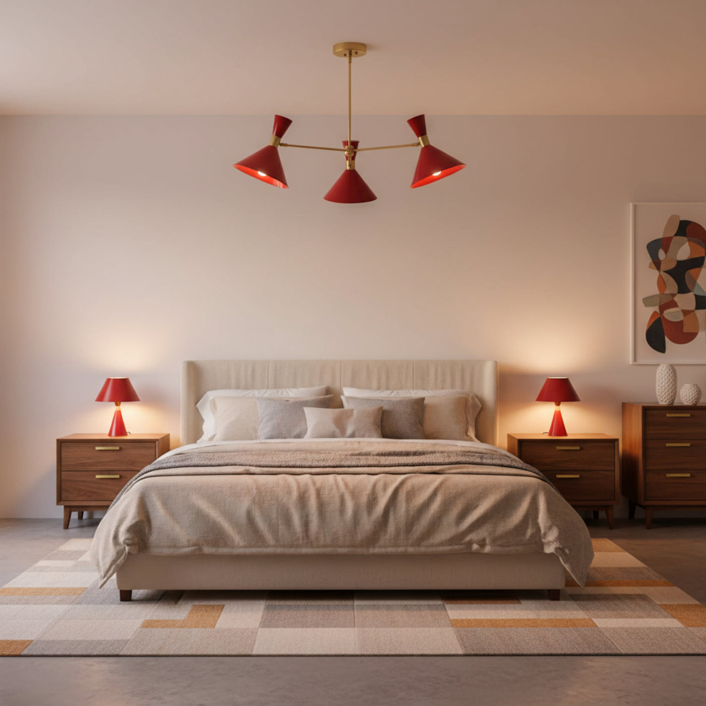 Milan Crimson Cone 3-light chandelier with crimson red shades and brass ceiling stem – full view