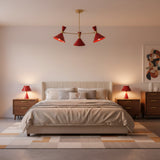 Milan Crimson Cone 3-light chandelier with crimson red shades and brass ceiling stem – full view