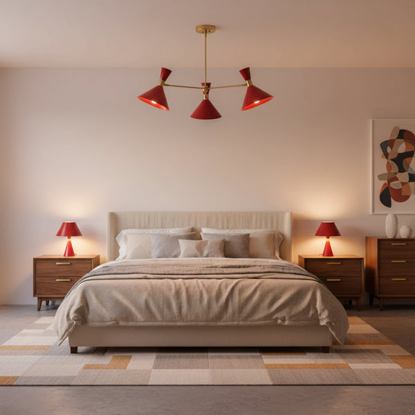 Milan Crimson Cone 3-light chandelier with crimson red shades and brass ceiling stem – full view