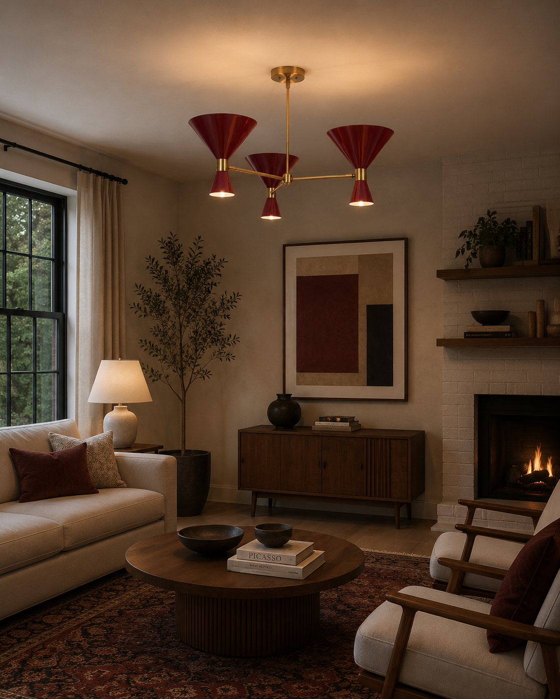 Milan Crimson Cone 3-light chandelier with red shades styled in a warm Mid-Century Modern living room