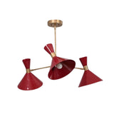 Milan Crimson Cone 3-light chandelier featuring bold red cone shades and brass accents – perspective view