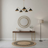 Milan curved arm 5-light chandelier with black and brass cone shades, angled view