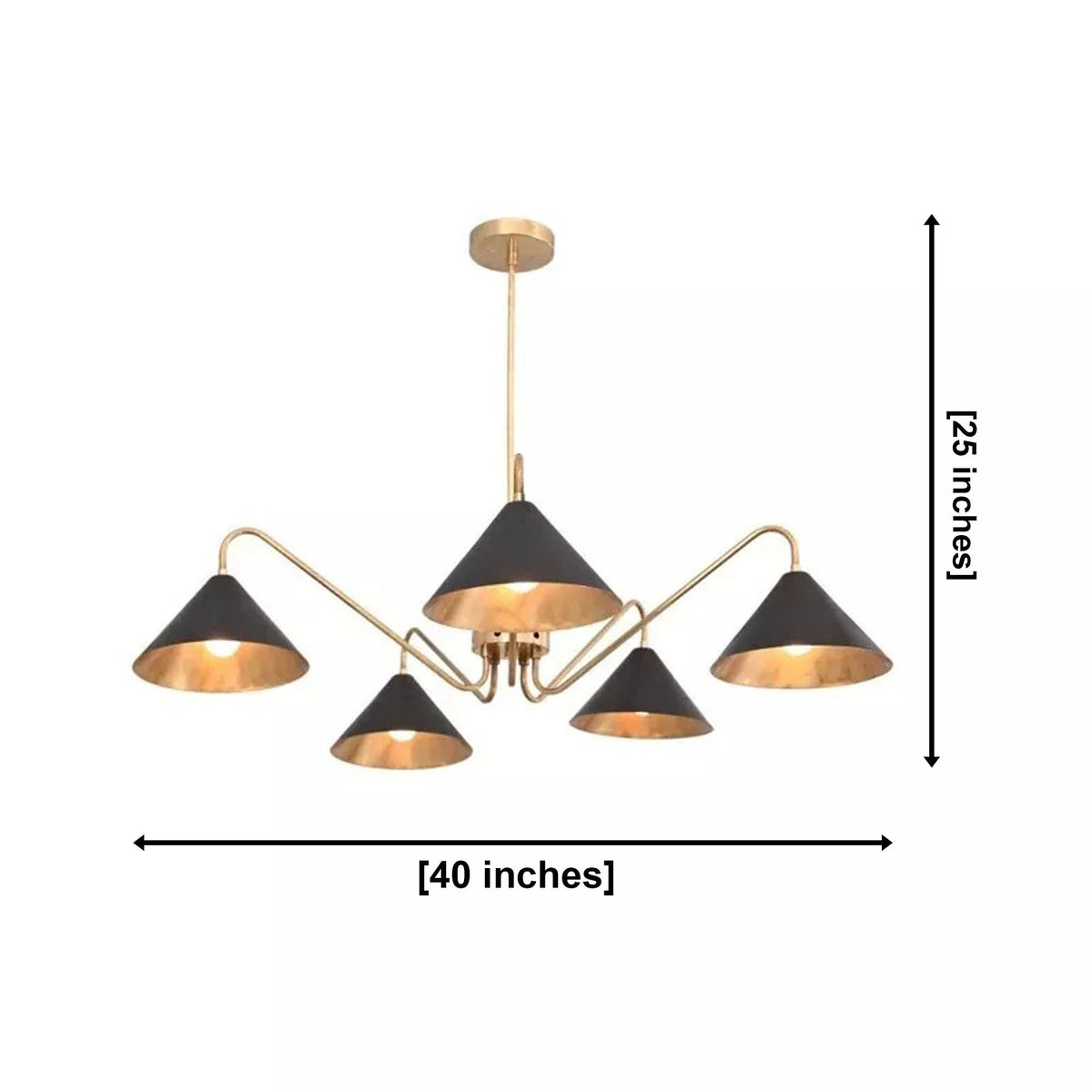 Milan 5-light curved arm cone chandelier dimensions, 40 inches wide and 25 inches high