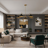 Milan 5-light curved arm chandelier with black cone shades and brass frame, front view
