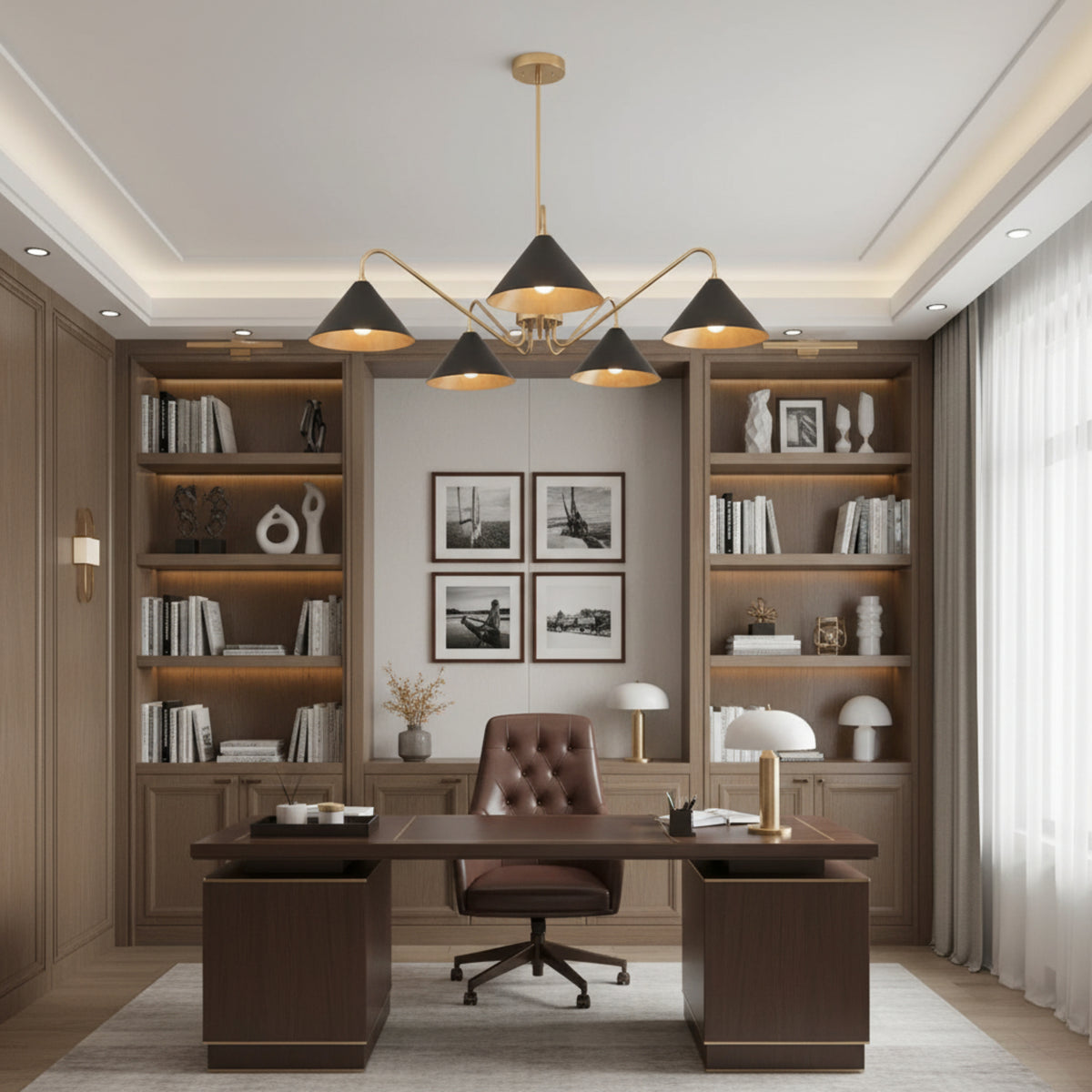 Milan 5-light Mid-Century Modern chandelier with illuminated black cone shades, angled view