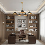 Milan 5-light Mid-Century Modern chandelier with illuminated black cone shades, angled view