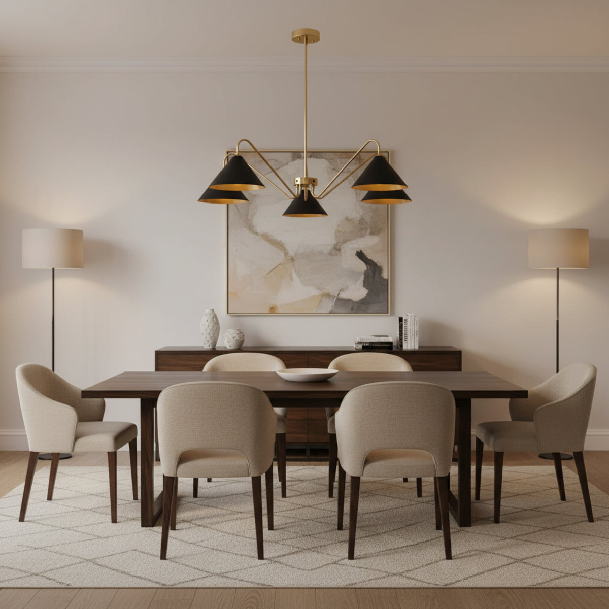 Milan 5-light black cone chandelier with curved brass arms illuminated, front view