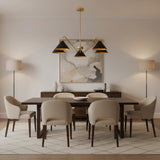 Milan 5-light black cone chandelier with curved brass arms illuminated, front view