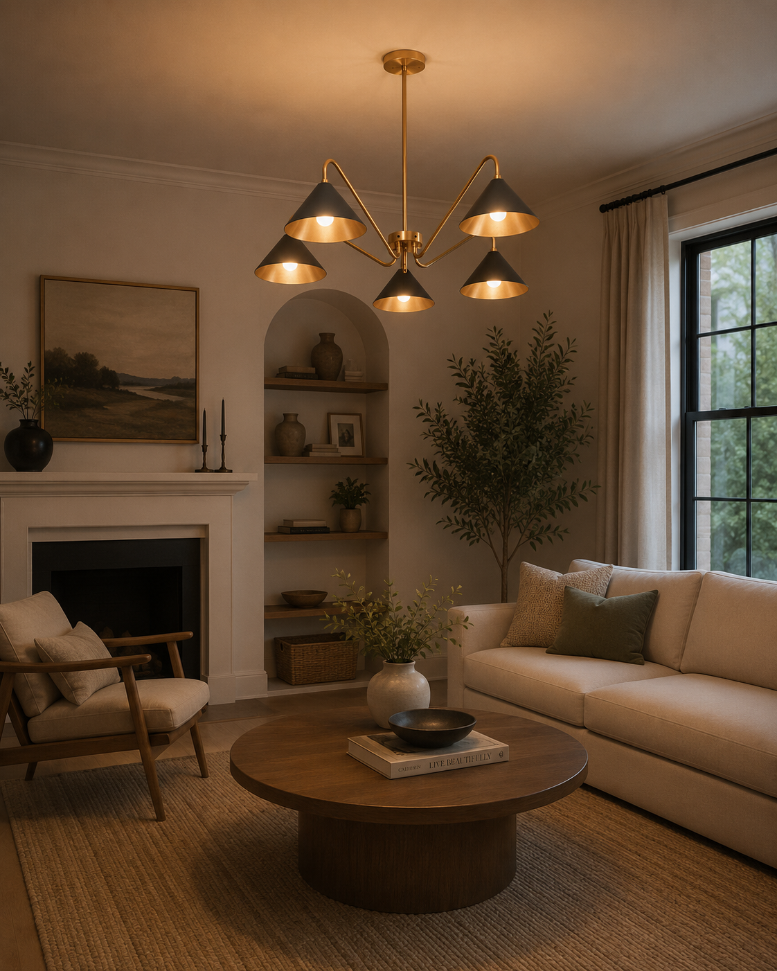 Milan 5-light black and brass curved arm chandelier displayed in a warm modern living room interior