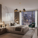 Milan 5-light curved brass arm chandelier with black metal cone shades, side view