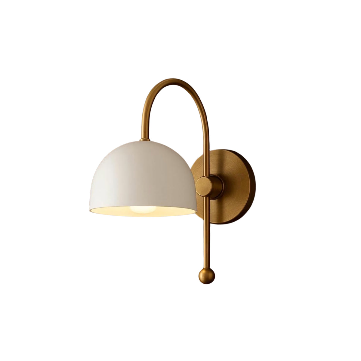 Milan dome wall sconce with curved brass arm and round wall canopy – angled view – Model 32775