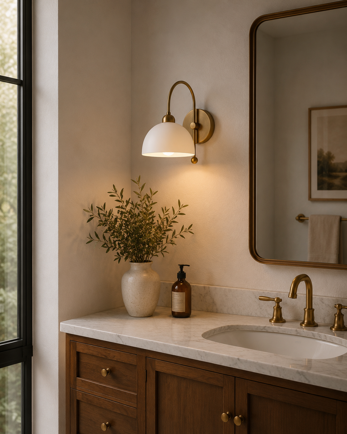 Milan curved arm dome wall sconce installed above bathroom vanity with warm ambient lighting – Model 32775