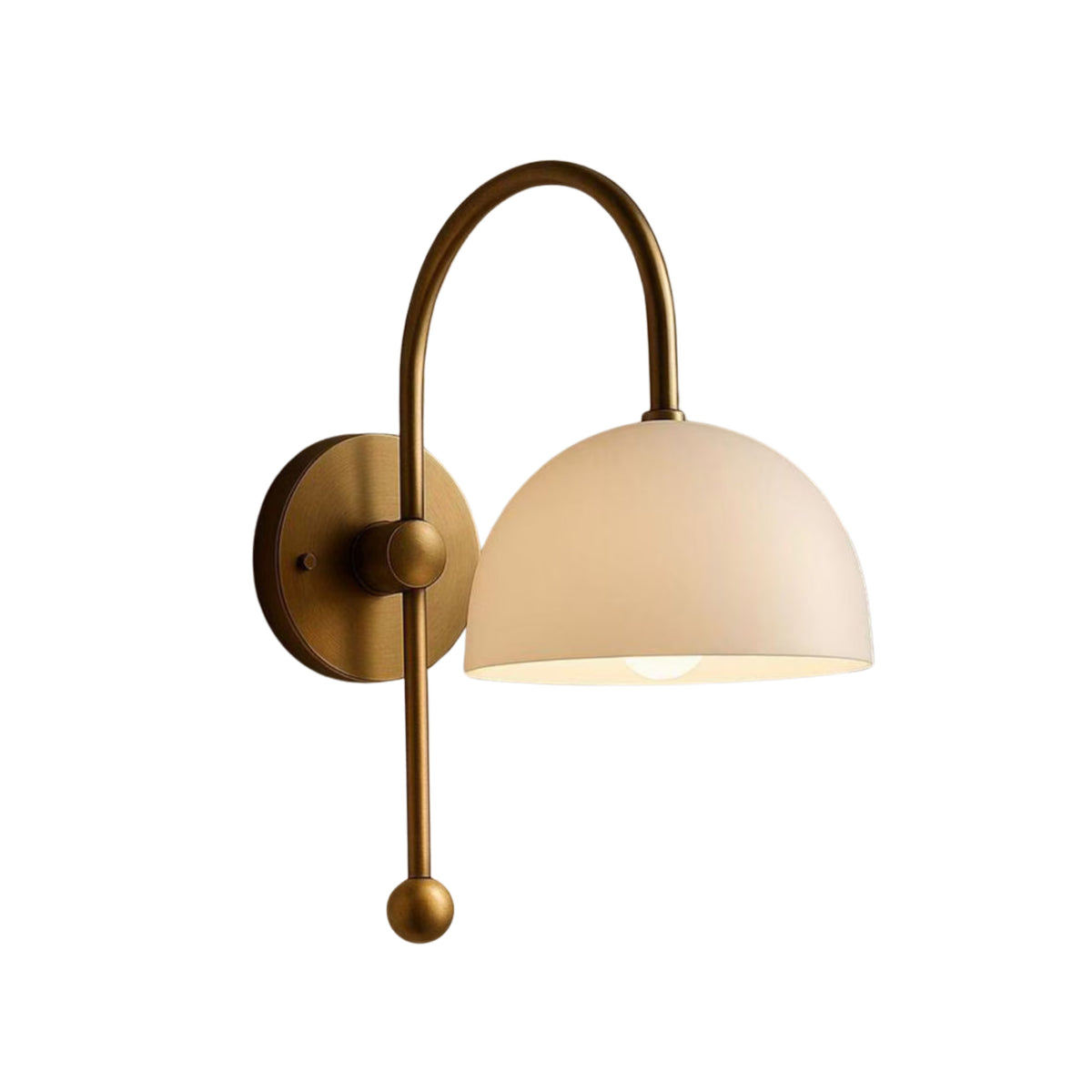 Milan dome shade wall sconce with curved brass arm and white shade – front view – Model 32775