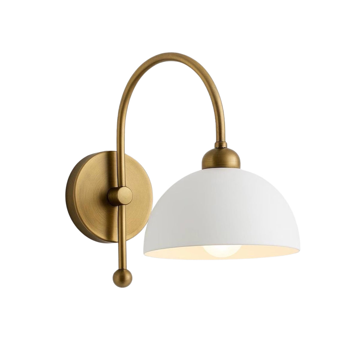 Milan brass wall sconce with illuminated white dome shade and curved arm – Model 32775