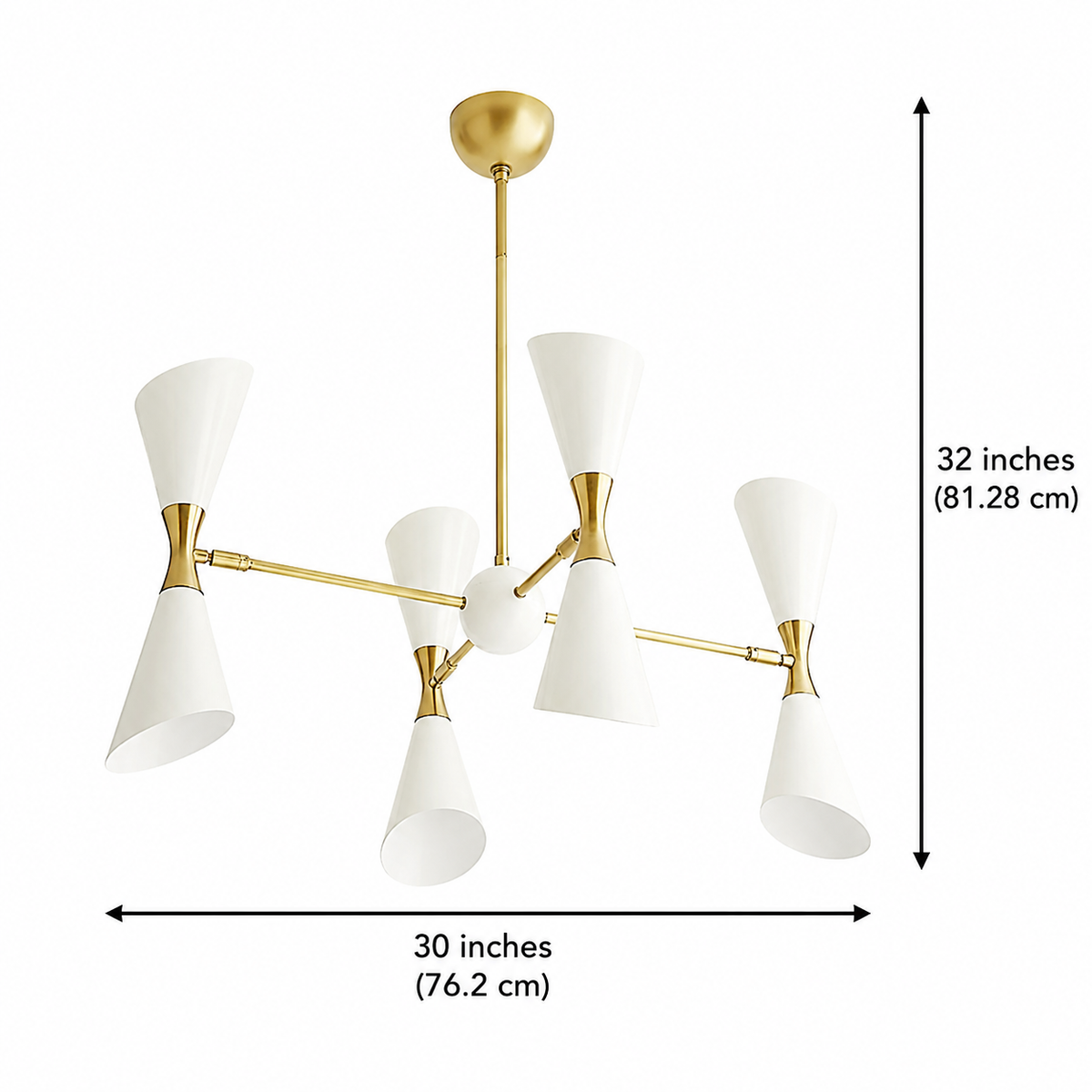 Milan Double Cone Chandelier 8 Light 30 Inch white and brass ceiling light dimensions – Model 62032