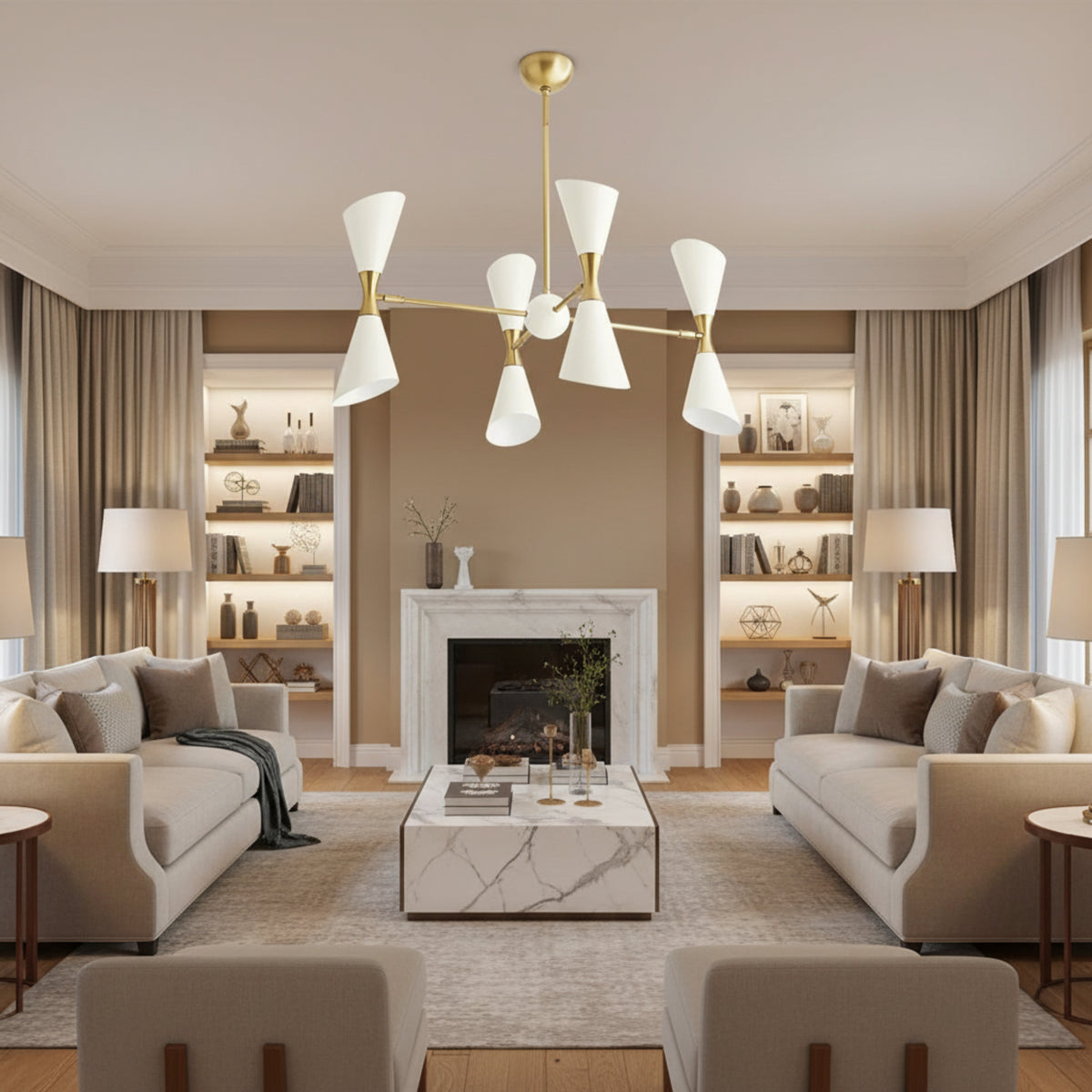 Milan 8 Light Double Cone Chandelier in white and brass angled view – Model 62032
