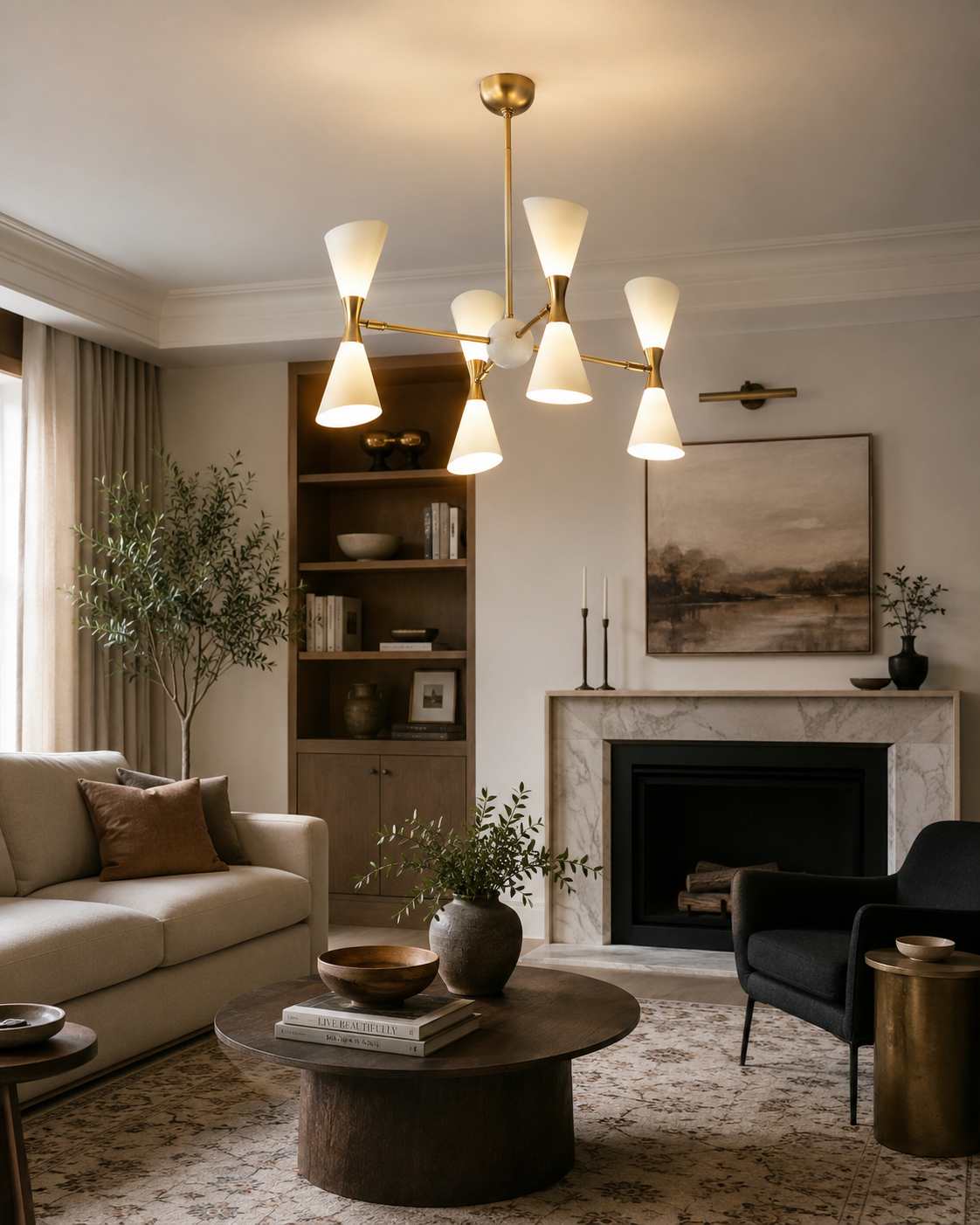 Milan Double Cone 8 Light Chandelier in white and brass displayed in modern living room – Model 62032