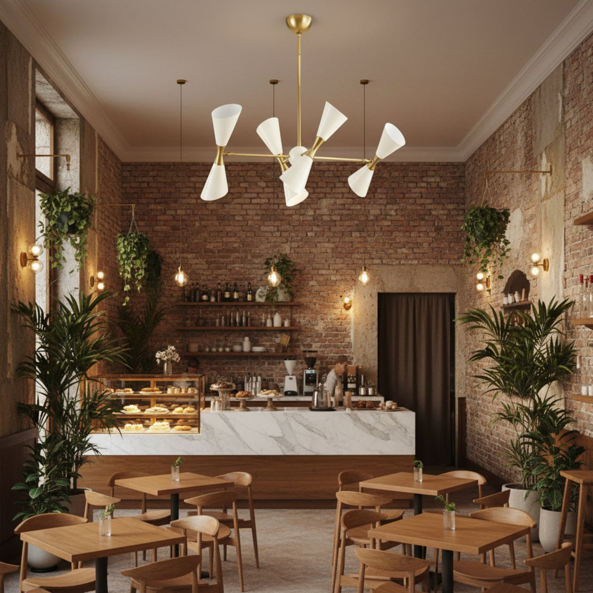 Milan 8 Light sculptural double cone chandelier with white shades and brass accents – Model 62032