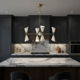 Milan 8 Light Mid-Century Modern Chandelier in white and brass straight view – Model 62032