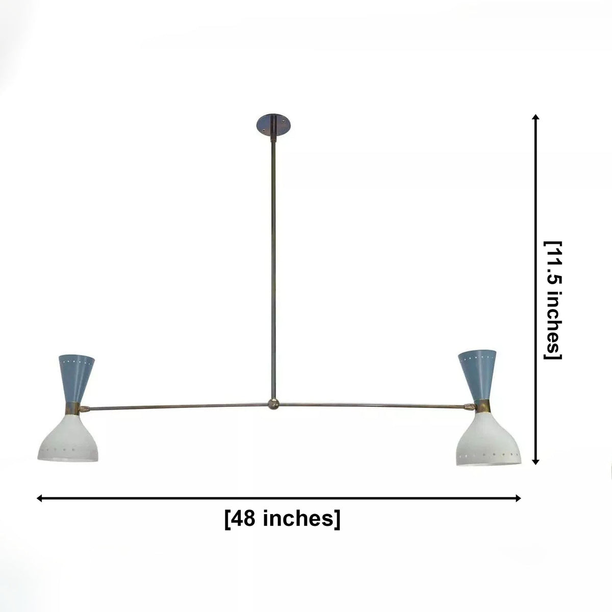 Milan Double Cone Linear Chandelier dimensions – 48 inch width and 11.5 inch fixture height – Model 62040