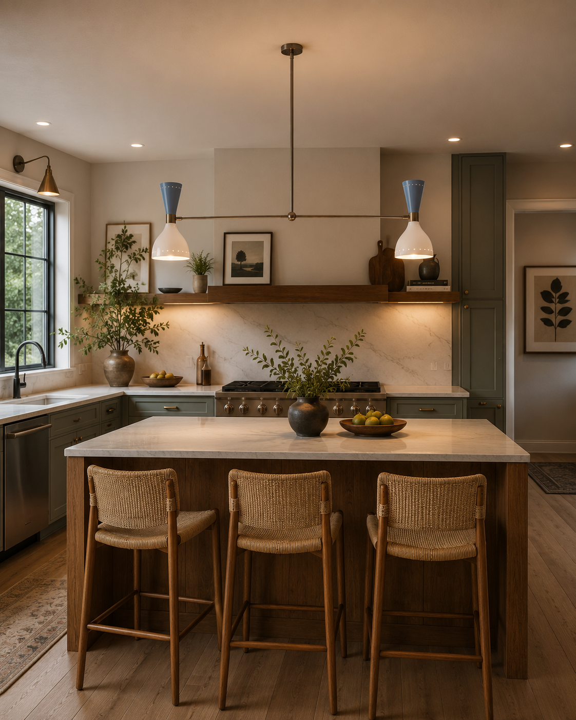 Milan Double Cone 4 Light Linear Chandelier illuminated above a modern kitchen island – lifestyle view