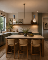 Milan Double Cone 4 Light Linear Chandelier illuminated above a modern kitchen island – lifestyle view