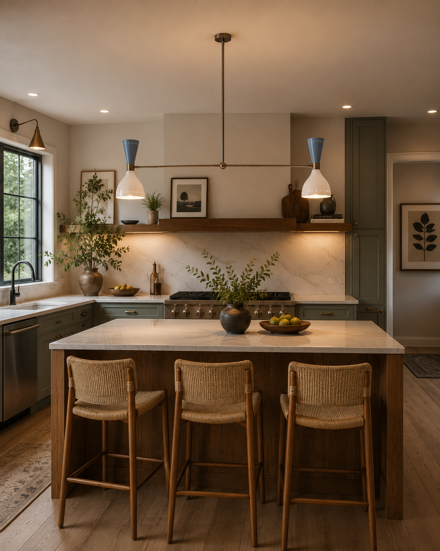 Milan Double Cone 4 Light Linear Chandelier illuminated above a modern kitchen island – lifestyle view