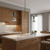 Milan Double Cone 4 Light Linear Chandelier with long horizontal arm and two-tone shades – straight view