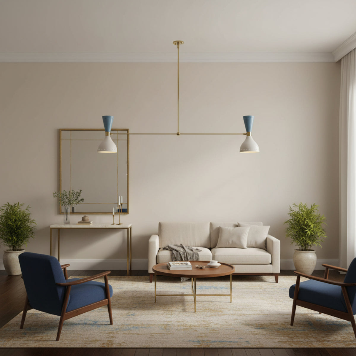 Milan 4 Light Double Cone Linear Chandelier with blue and white perforated metal shades – wide view