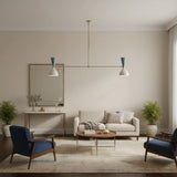 Milan 4 Light Double Cone Linear Chandelier with blue and white perforated metal shades – wide view