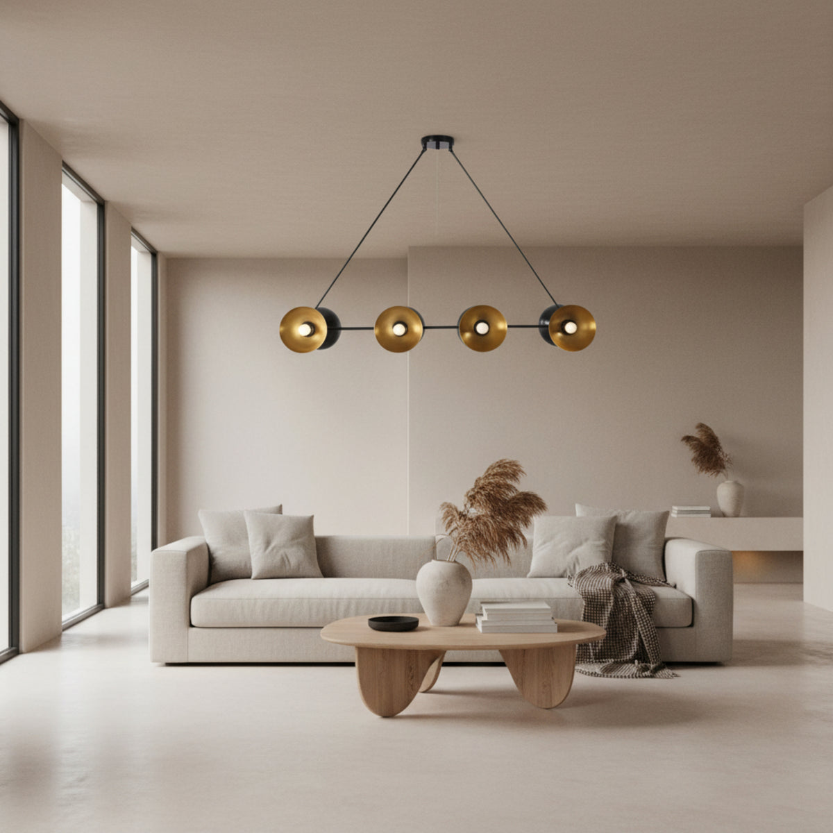 Milan Double Cone Linear Chandelier 8 light in black and brass finish, 40 inch front view