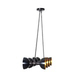 Angled product view of Milan Double Cone 8 light chandelier with black and brass metal shades